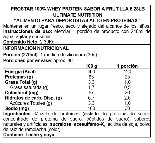 Prostar 100% Whey Protein 5lbs Ultimate Nutrition 80 servicios