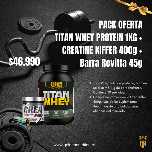 PACK OFERTA TITAN WHEY PROTEIN 1KG + CREATINE KIFFER 400g + Barra Revitta 45g